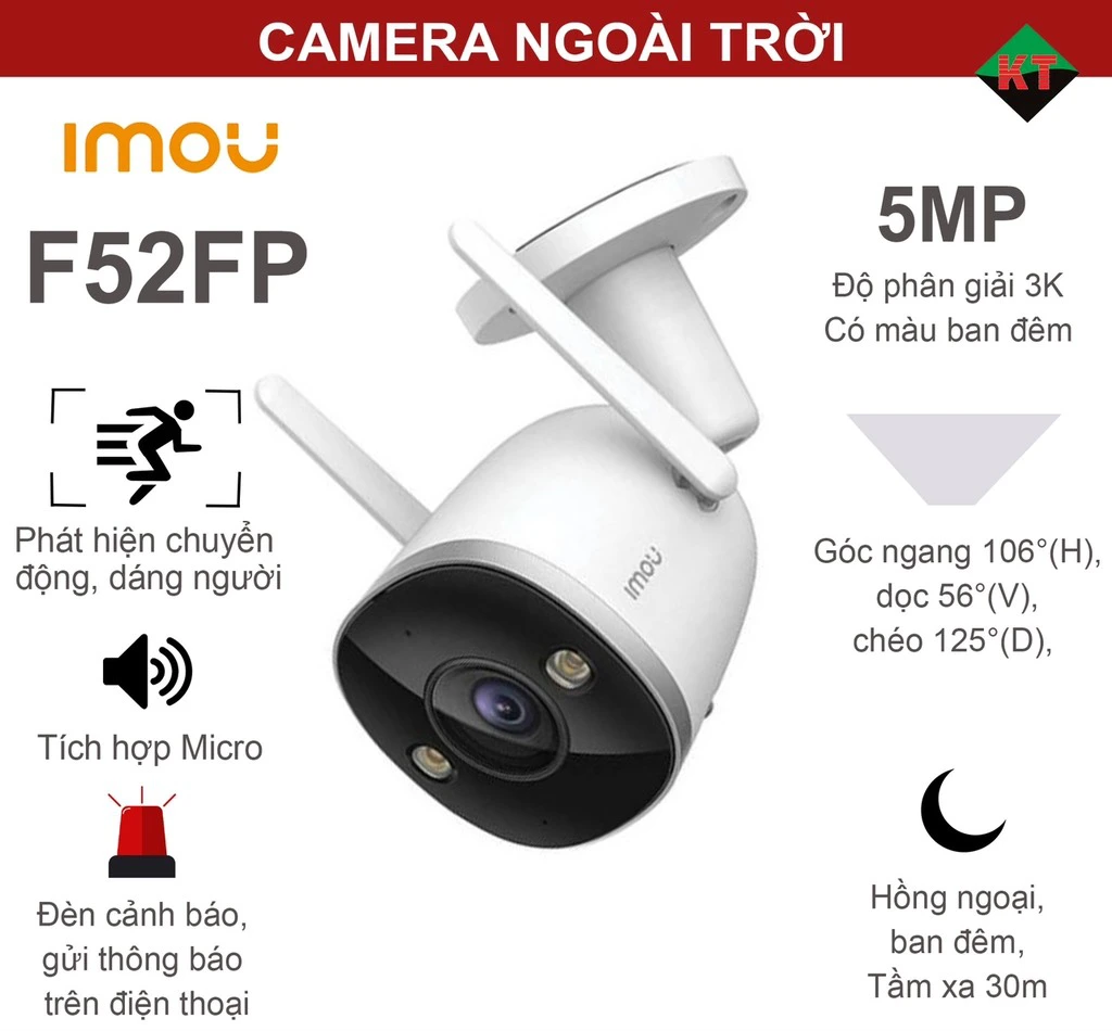 Camera Wifi ngoài trời IMOU IPC-F52FP 5MP | Tầm xa hồng ngoại 30m | Phát hiện con người, phát hiện chuyển động, cấu hình khu vực - Ảnh 2